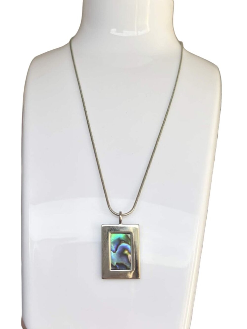 Modernist Abalone Shell Pendant Necklace Rectangle Silver Tone Snake Chain